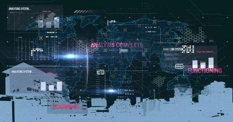 Image of data processing and city over black background 스톡 사진
