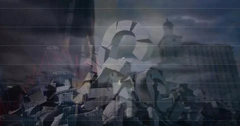 Image of data processing and cityscape over broken pound symbols and dark clouds Stock Photos