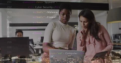 Image of data processing and cityscape over diverse business people in office Stock Photos