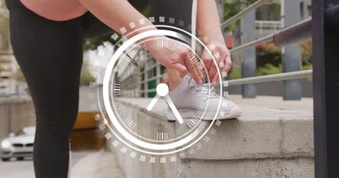 Image of data processing and clock over caucasian woman exercising 写真素材