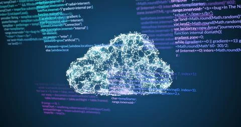 Image of data processing and cloud on blue background Illustrazione stock