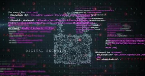 Image of data processing and cloud, padlock and shield on black background Stock Illustration