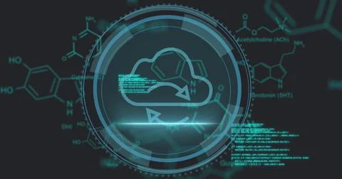 Image of data processing and cloud over black background 写真素材