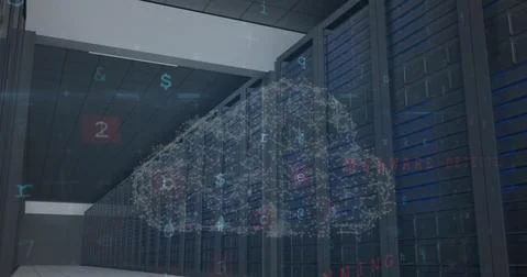 Image of data processing and cloud icon over server room Stock Photos