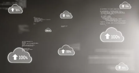 Image of data processing and clouds with percentage on black background Stock Illustration