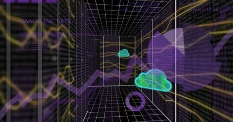 Image of data processing and clouds over dark background イラスト素材