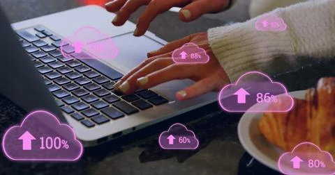 Image of data processing and clouds over biracial woman using laptop 写真素材