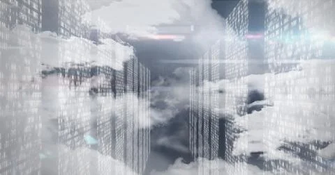 Image of data processing and clouds on black background Stock Photos