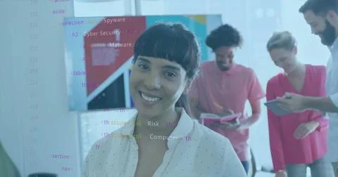 Image of data processing and code over diverse colleagues discussing work and 스톡 사진