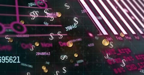 Image of data processing and coins on black background 스톡 일러스트