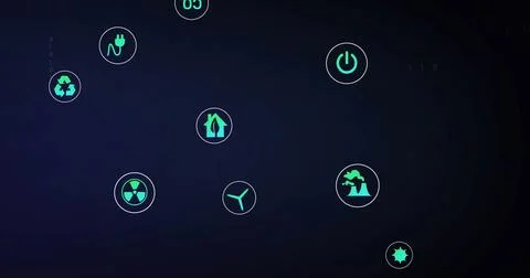 Image of data processing and connections with icons on black background イラスト素材