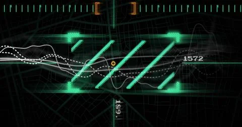 Image of data processing and connections on black background Illustrazione stock