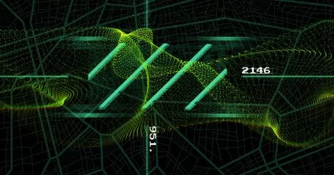 Image of data processing and connections on black background Illustrazione stock