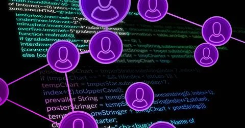 Image of data processing and connections with people icons over dark background イラスト素材