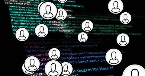 Image of data processing and connections with people icons over dark background Stockillustratie