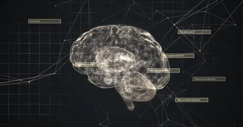 Image of data processing and connections over digital brain spinning Foto stock