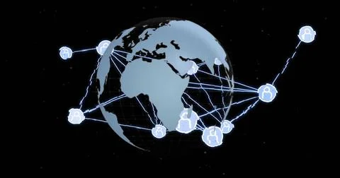 Image of data processing and connections over globe on black background Stock Photos
