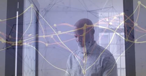 Image of data processing and connections over biracial man using smartphone Stock Photos