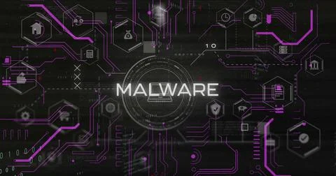 Image of data processing and connections over malware text and media icons Foto stock