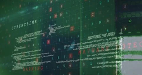 Image of data processing and cyber attack warning over computer servers Stock Illustration