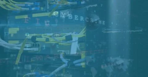 Image of data processing and cyber attack text over computer server Stock Photos