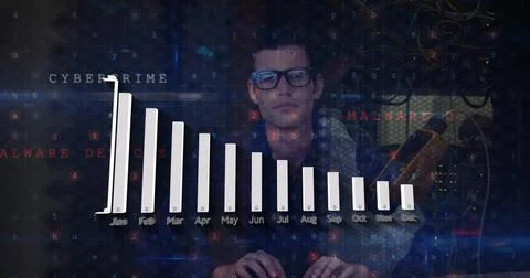 Image of data processing and cyberattack warning over caucasian hacker Foto stock