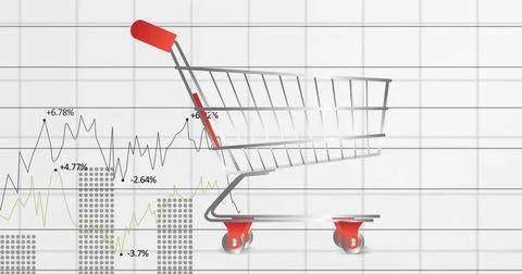 Image of data processing and diagram over shopping cart Stock Photos