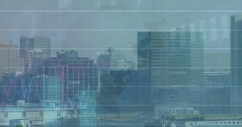 Image of data processing and diagram over cityscape Stock Photos