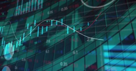 Image of data processing and diagram over modern building Stock Photos
