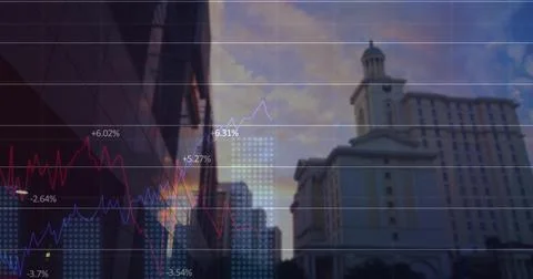 Image of data processing and diagram over cityscape Stock Photos
