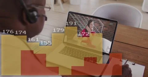 Image of data processing and diagram over diverse colleagues having video call Stock Photos