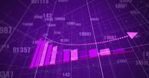 Image of data processing and diagram on purple background Stock Photos