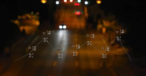 Image of data processing and diagram over night city Stock Photos