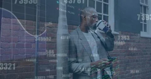 Image of data processing and diagram over african american businessman using Stock Photos