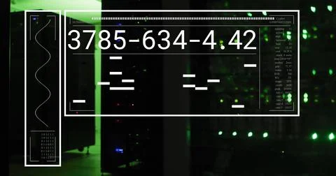 Image of data processing and diagram over server room Stock Photos