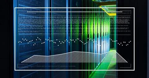 Image of data processing and diagram over server room Stock Photos