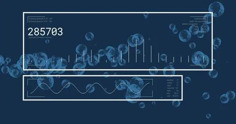 Image of data processing and diagram over spots moving Stock Photos