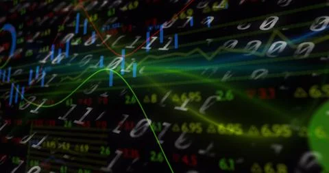 Image of data processing and diagrams on black background Stock Illustration