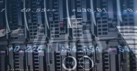 Image of data processing and diagrams over server room Stock Illustration