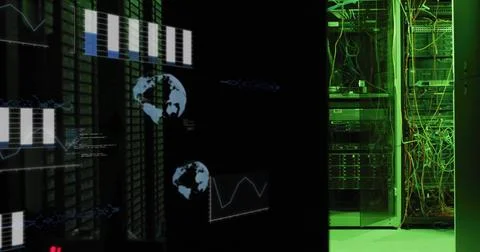 Image of data processing and diagrams with globes over server room Stock Illustration