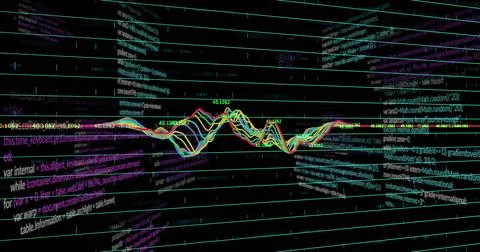 Image of data processing and diagrams over black background 스톡 일러스트