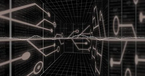 Image of data processing and diagrams over digital tunnel with connections Illustrazione stock