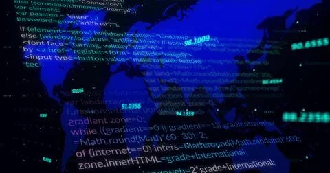 Image of data processing and diagrams over world map on black background Ilustración de archivo