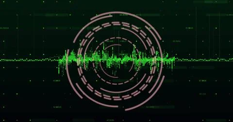 Image of data processing and diagrams over scope scanning on black background Illustrazione stock