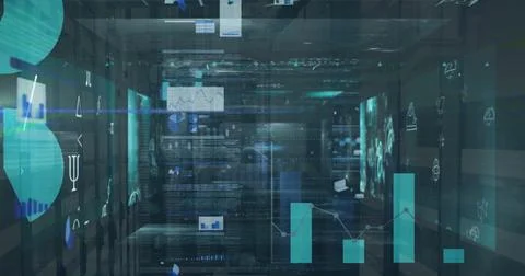 Image of data processing and diagrams over server room Illustrazione stock