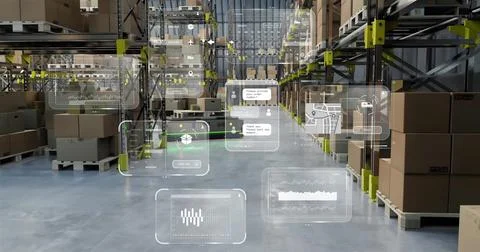 Image of data processing and diagrams over warehouse Stockillustratie