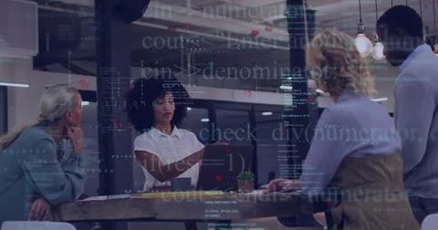 Image of data processing and diagrams over diverse colleagues talking 库存插图