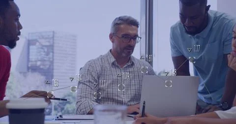 Image of data processing and diagrams over diverse colleagues talking Stock Illustration