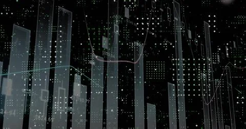 Image of data processing and diagrams on black background Illustrazione stock