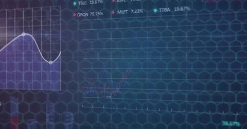 Image of data processing and diagrams on blue background Illustrazione stock